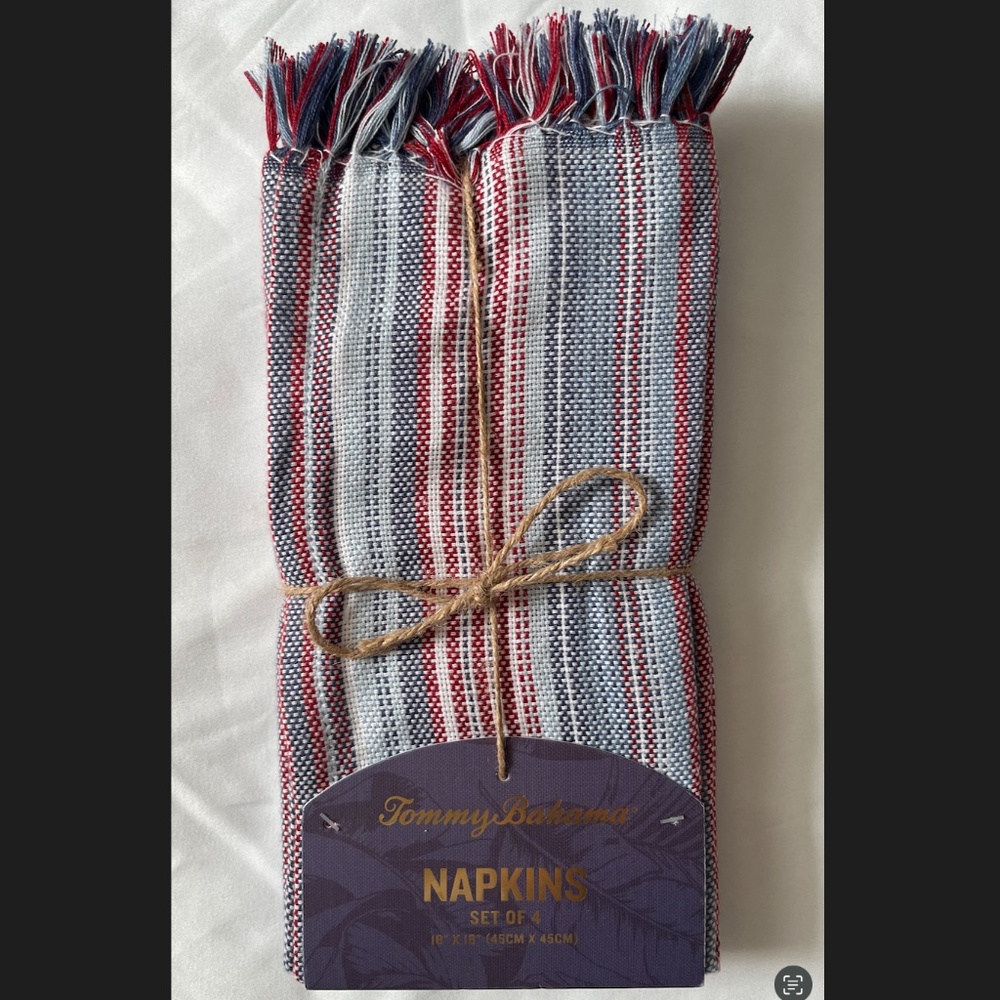 TOMMY BAHAMA NAPKINS (4) STRIPES RED WHITE BLUE 18 X 18 POLYESTER COTTON NIP